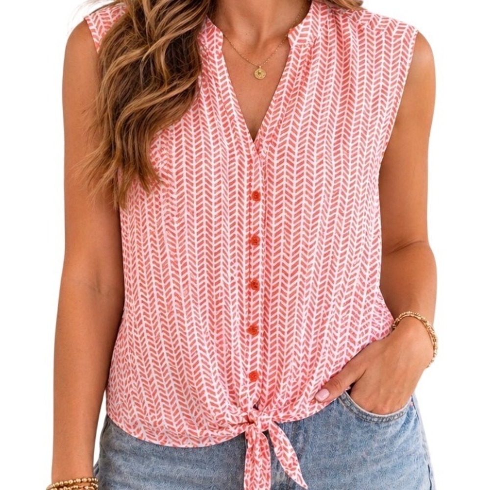 NEW Grand & Greene Sz Small Orange Chevron Tie Front‎ Sleeveless Rayon Blouse